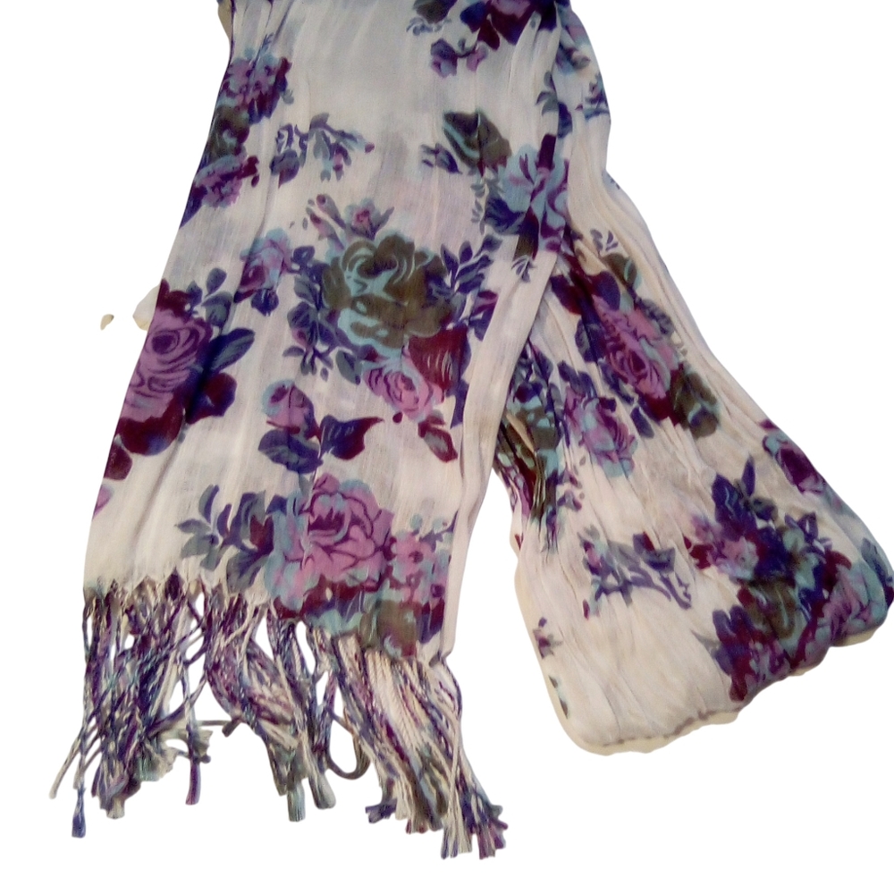 Scarf Boho Romance Fairy Parisian Floral Fringe Scarf Wrap Purple White Multi